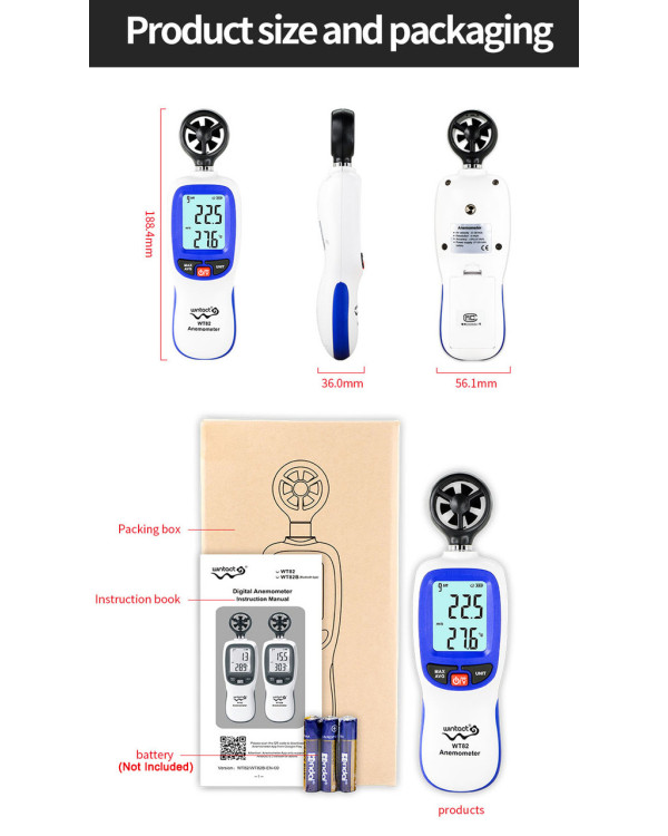 Анемометр крыльчатый Bluetooth 0,3-30 м/с, -10-45°C WINTACT WT82B